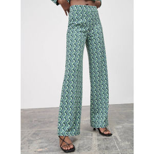 Zara Geometric Pattern Jacquard Knit Wide Leg Pants Green